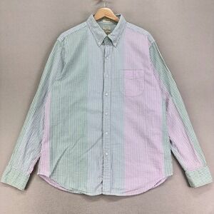 J. Crew Shirt Mens L Green Pink Seersucker‎ Striped Button Up Cotton Career